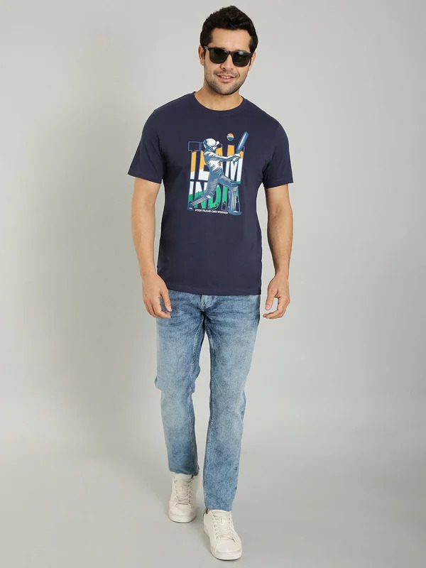 Indian Terrain Men's Half Sleeve Regular Fit Dark Blue Round Neck T-Shirt